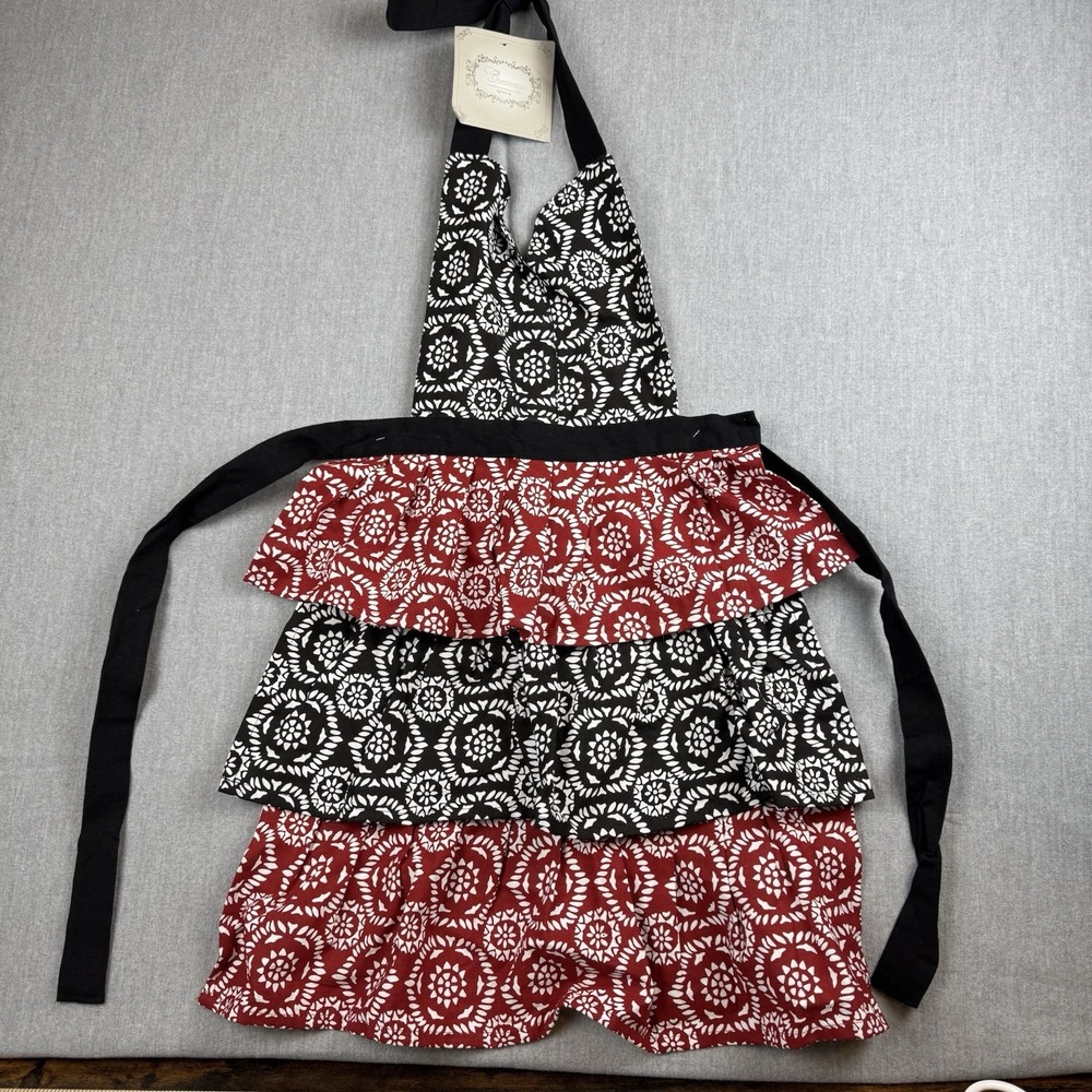 NWT Contempt‎ Apron Ruffles Country tie Black Maroon and white